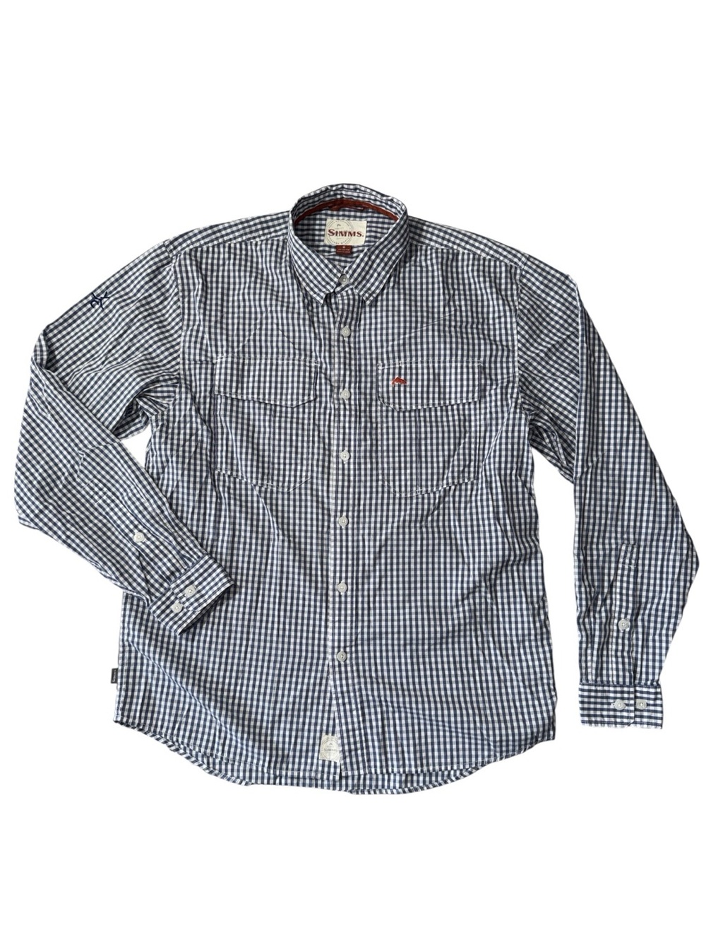 Simms mens M Medium blue check cotton button up fishing shirt EUC